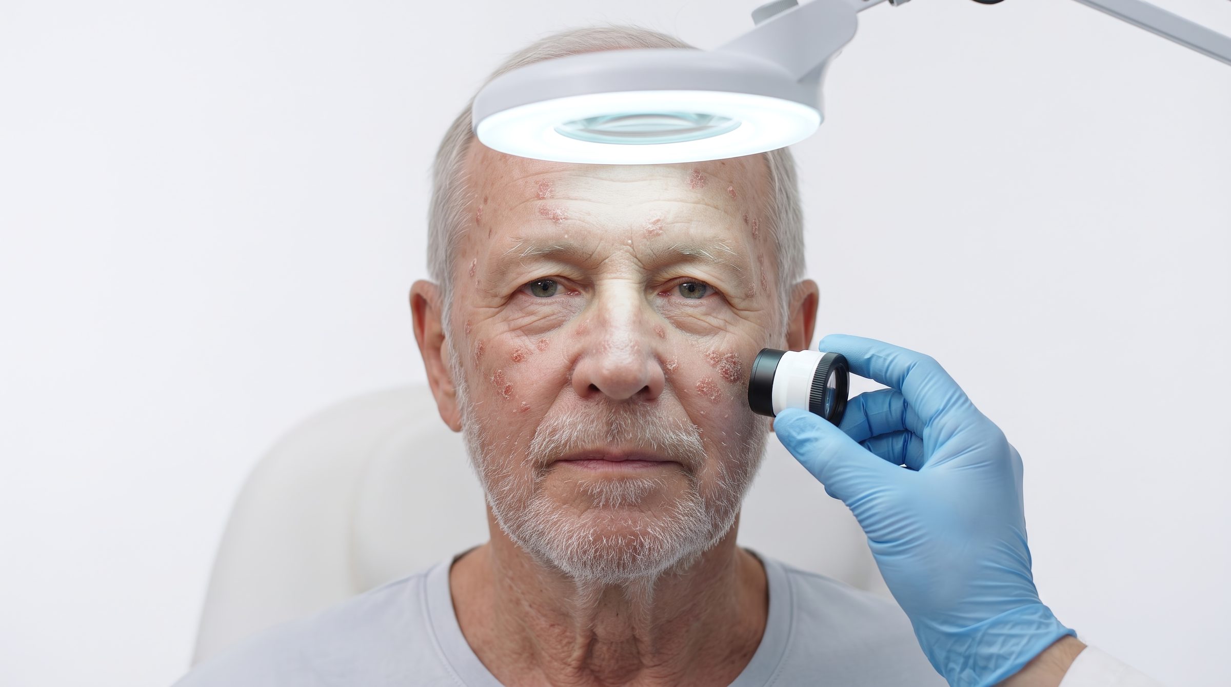 Hautärztliche Untersuchung von aktinischen Keratosen im Gesicht mit Lupe und Dermatoskop