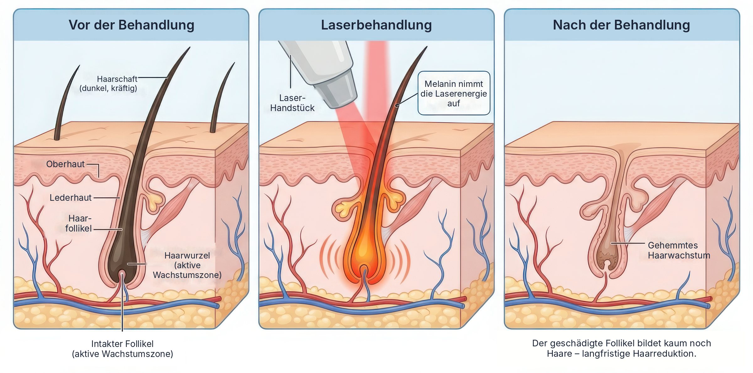 Grafik in drei Schritten: Vor der Behandlung ist der Haarfollikel intakt. Bei der Laserbehandlung nimmt das Melanin im Haar die Laserenergie auf und erhitzt die Haarwurzel. Danach ist der Follikel geschädigt und bildet kaum noch Haare.